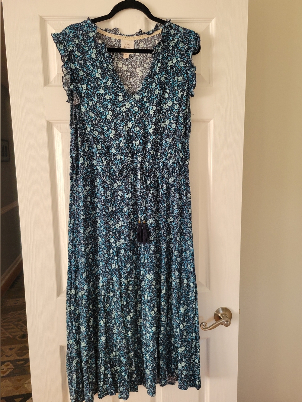 Knox Rose Size XL Women's Blue Floral Midi Dress with Tie Waist